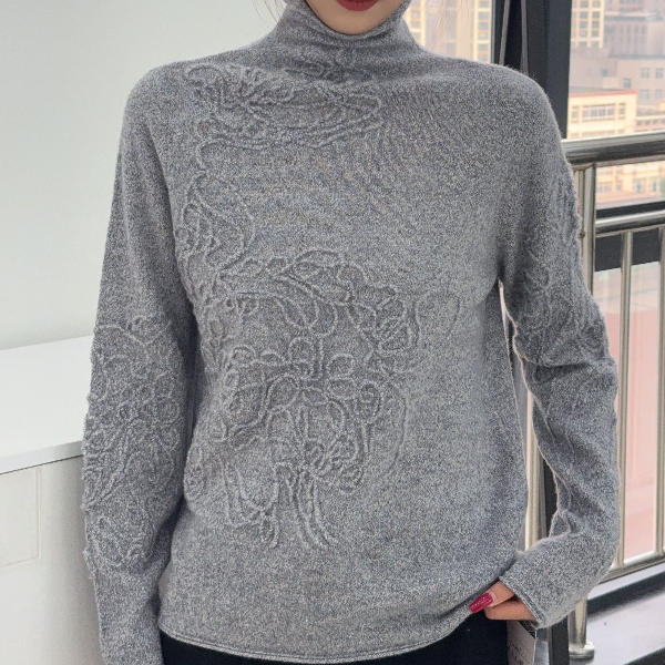 堆堆领款羊绒衫女浮雕绣花保暖针织纯色秋冬羊绒毛衣羊绒针织衫