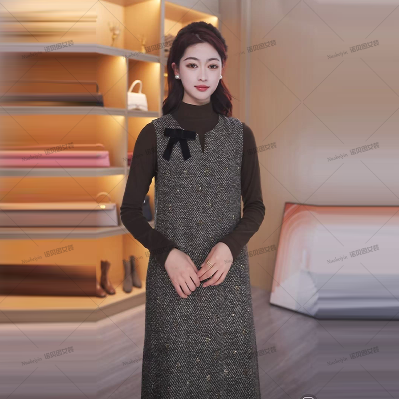 nuobeiyin/诺贝因冬季洋气粗花呢背心裙打底衫两件套装NTS683501