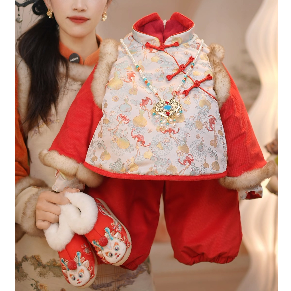 现货【葫芦】加厚红色女童男童冬季加绒套装GF021国风冬周岁拜年服