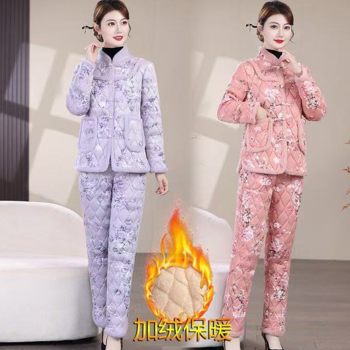 秋冬新款加绒加厚修身显瘦棉衣两件套碎花套装新中式妈妈装气质