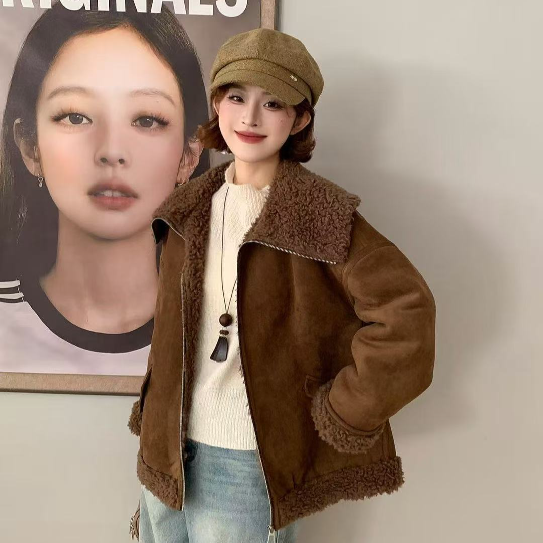 保暖极简风韩版常规翻领秋冬短外套长袖纯色女装女