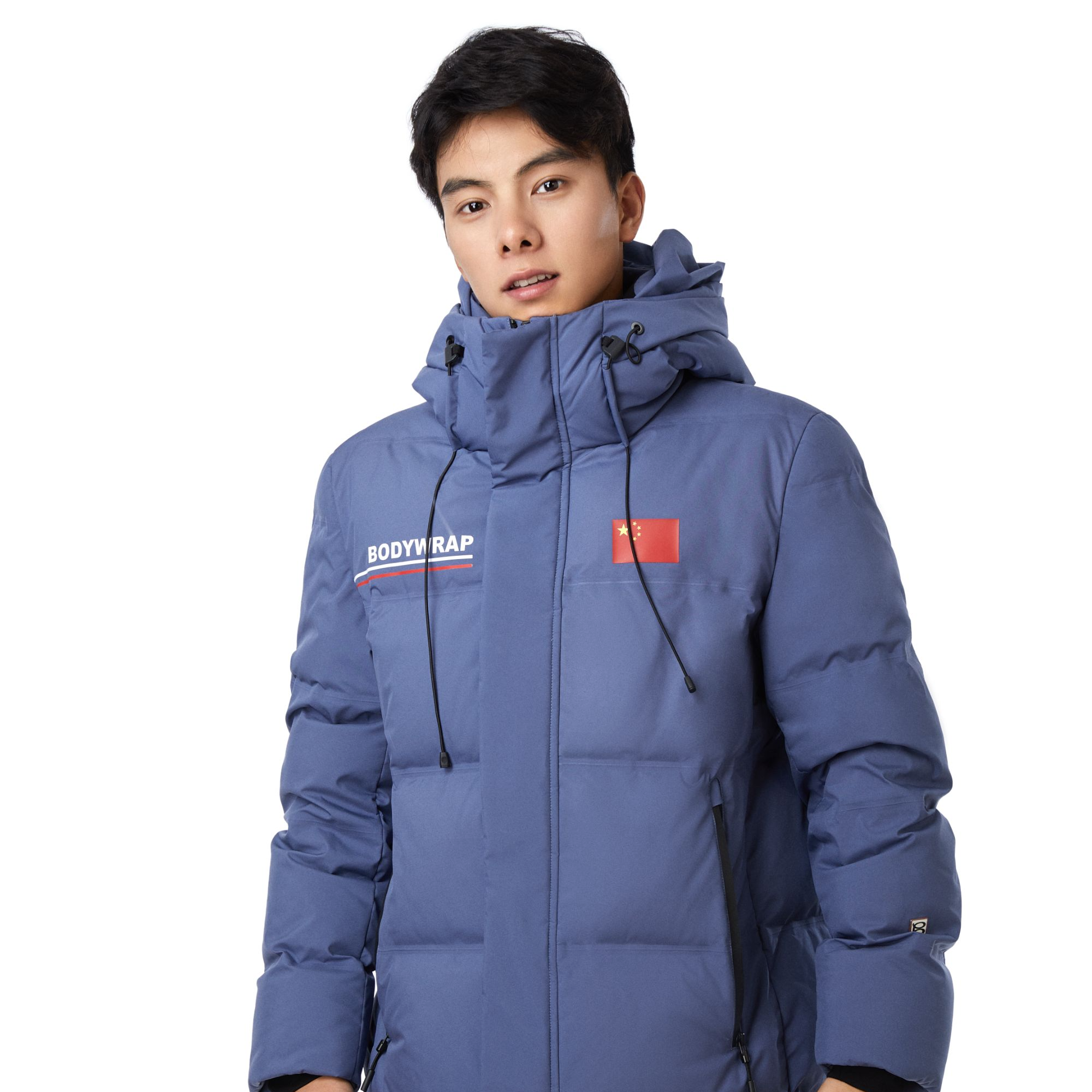 BODYWRAP鹅绒长款连帽时尚灰蓝羽绒服