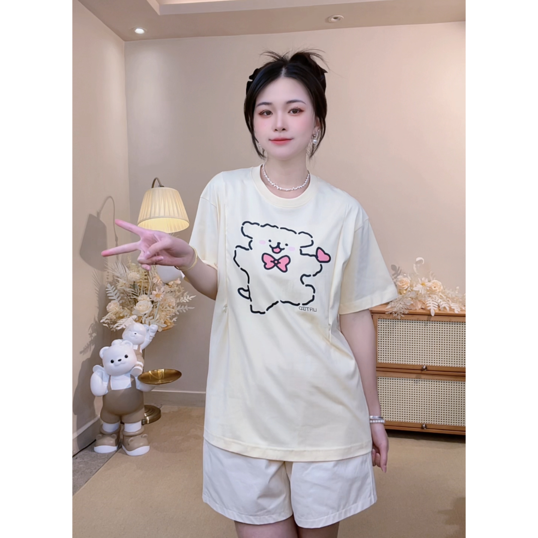 爱心熊上衣产后哺乳宽松显瘦纯棉T恤短裤外出辣妈喂奶居家月子服