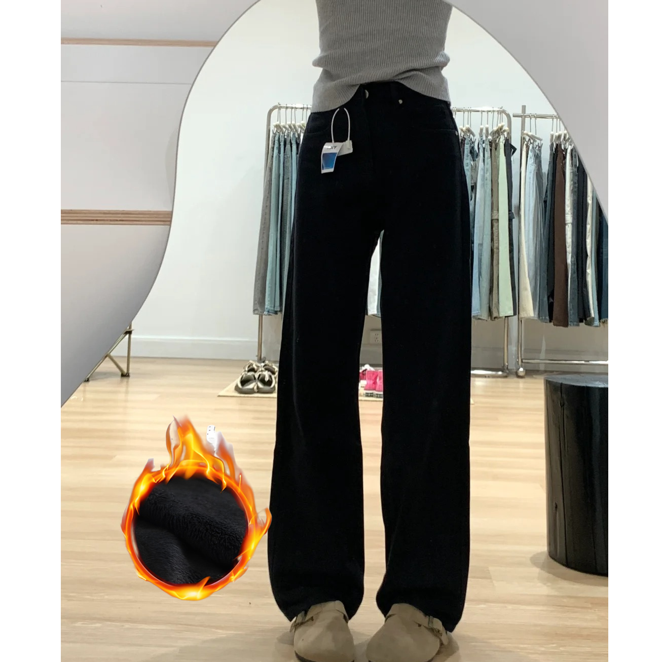 纯棉黑色宽松直筒牛仔裤女2025秋冬加绒高腰显瘦小个子窄版阔腿裤