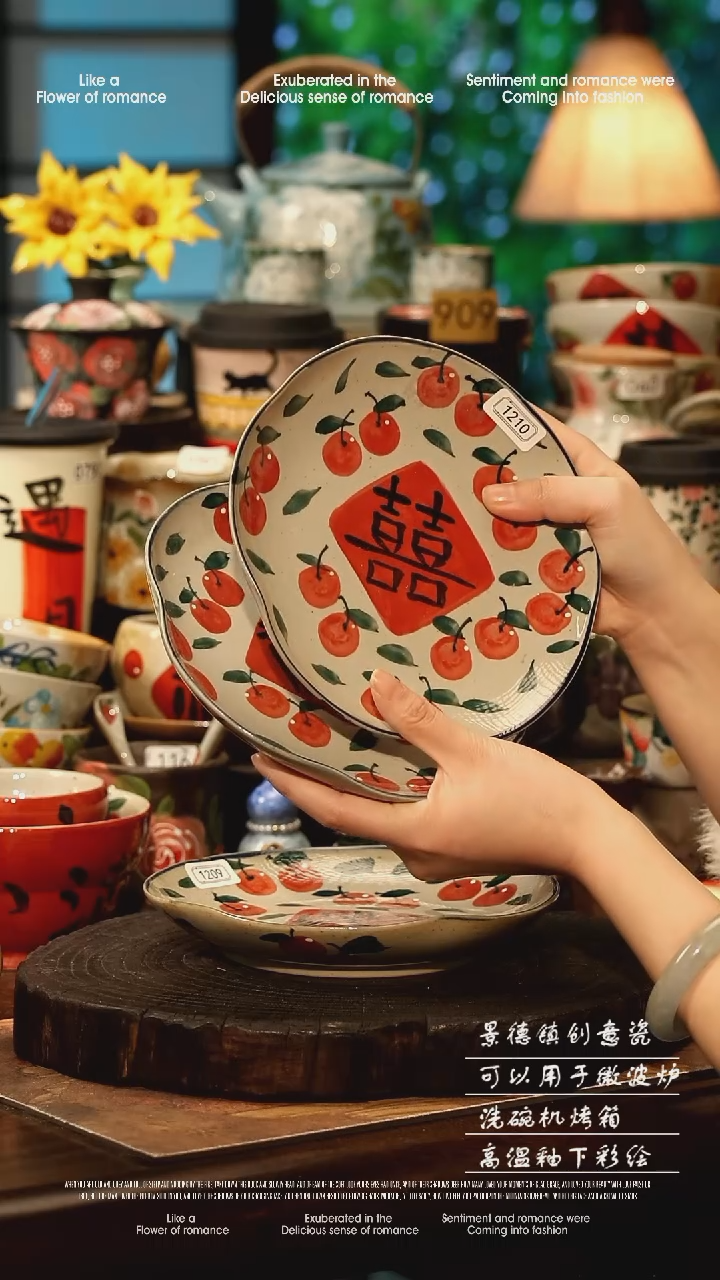 陶瓷三件套景德镇高温釉下彩手工手绘款式