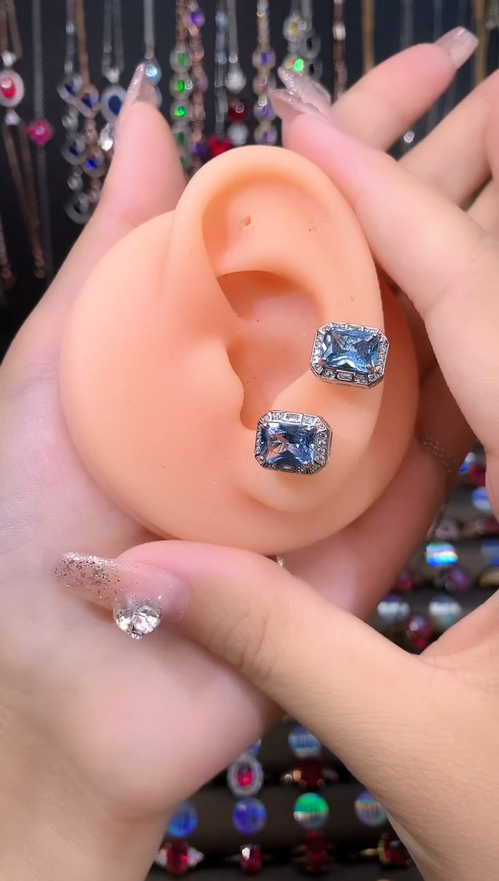 海蓝宝石耳坠银S925镶嵌银