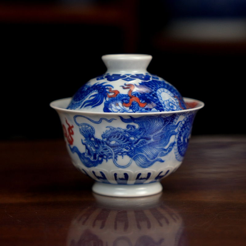 自成堂柴窑青花釉里红龙凤盖碗手绘陶瓷功夫茶具品茗茶器雕刻纹路