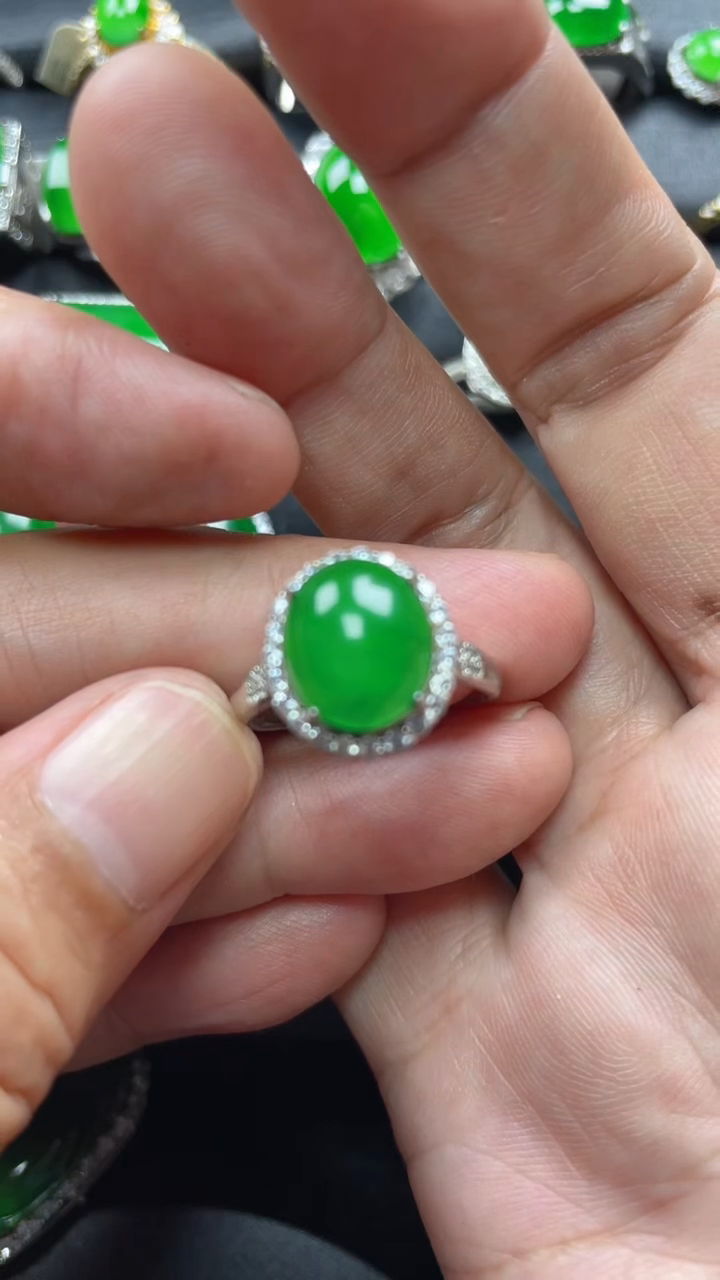 翡翠戒指银S925镶嵌酸*粉翡翠