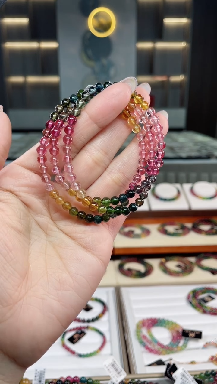 未镶嵌老矿碧玺彩虹三圈手串5mm+碧玺（多样性发一条）T