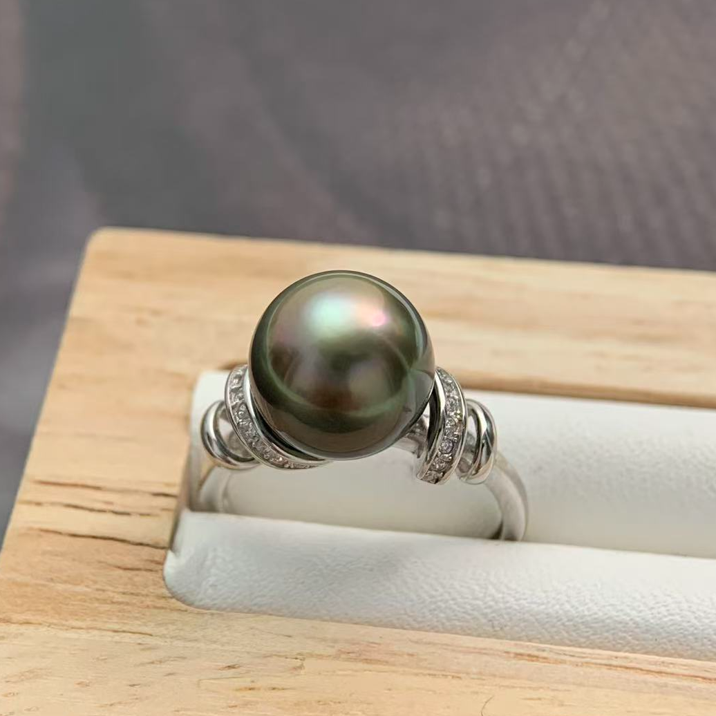天然海水珍珠大溪地孔雀绿10-11mm戒指LY