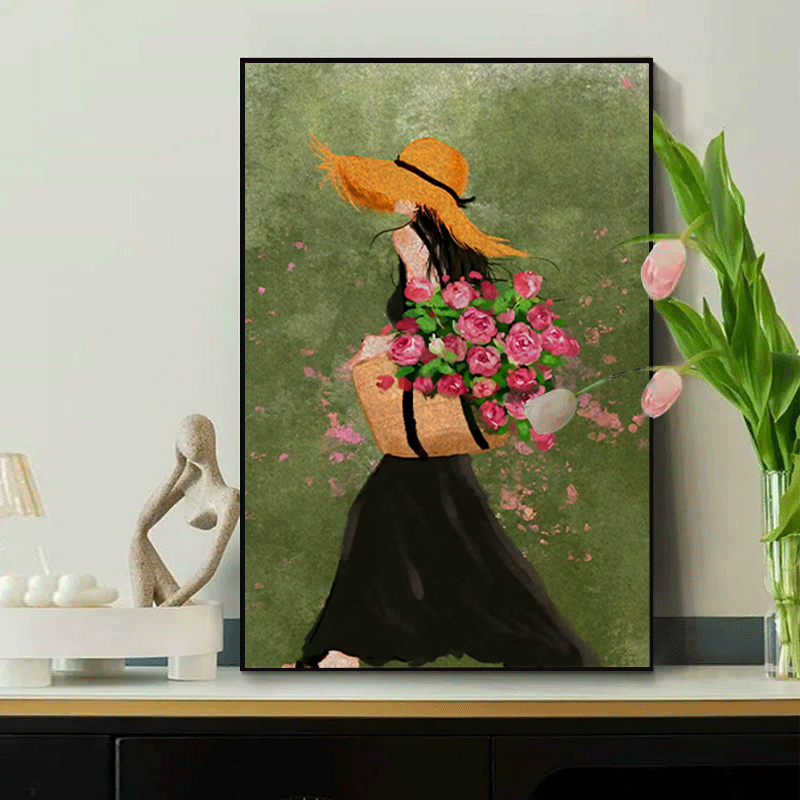 卧室中式床头背景墙挂画玫瑰女孩客厅餐厅玄关过道装饰画壁画Q01