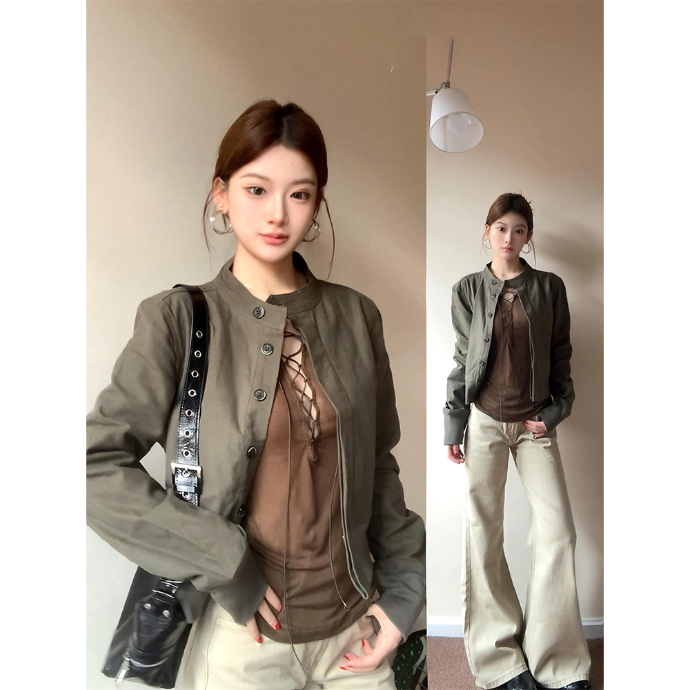 复古绿色磨毛立领短款夹克外套女秋季气质高级感修身显瘦休闲上衣