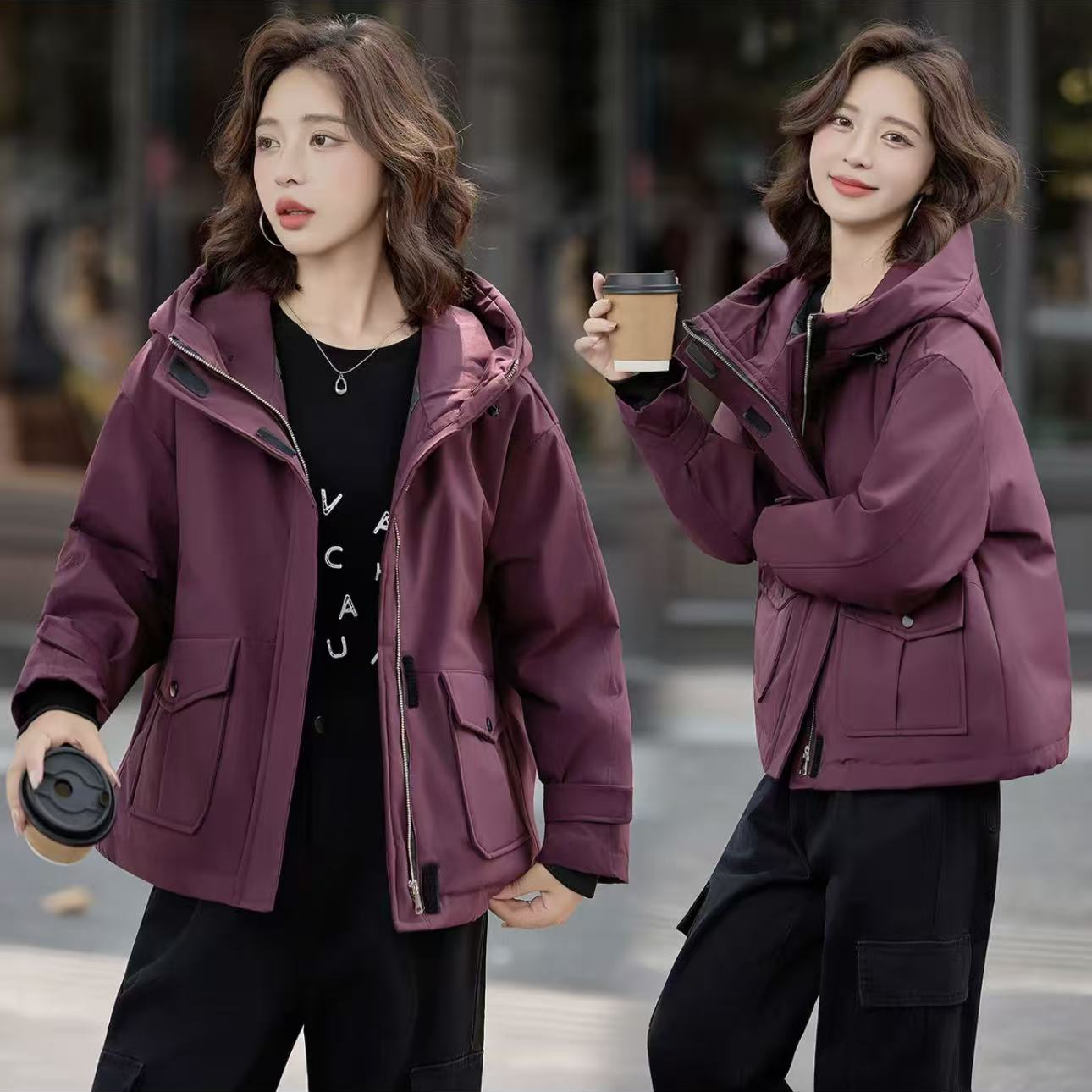 9364-女士（魔术贴款）冲锋衣工装羽绒服外套（紫色）