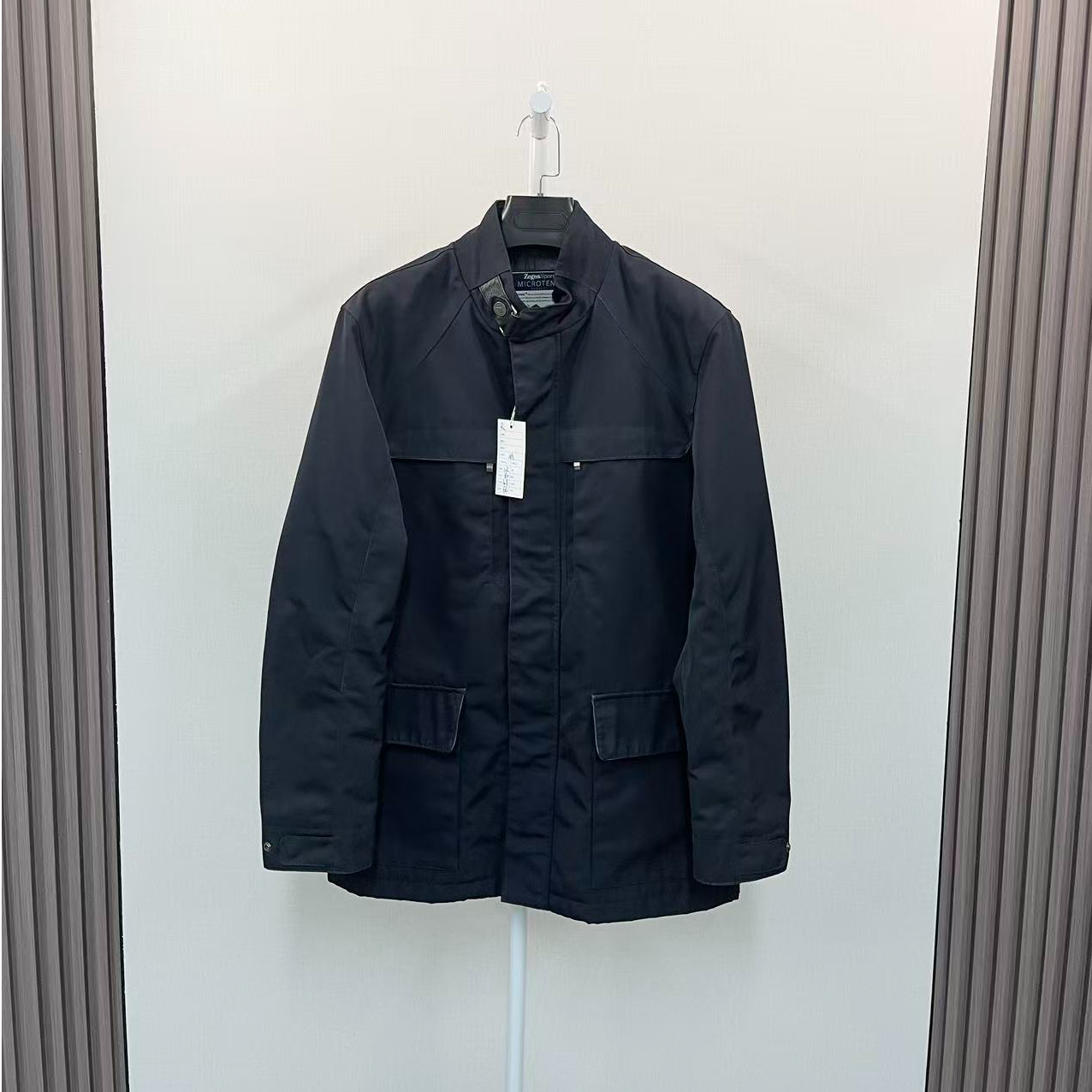 99新 ZEGNA /杰尼亚/藏蓝色背后皮牌logo棉服夹克外套/尺码M