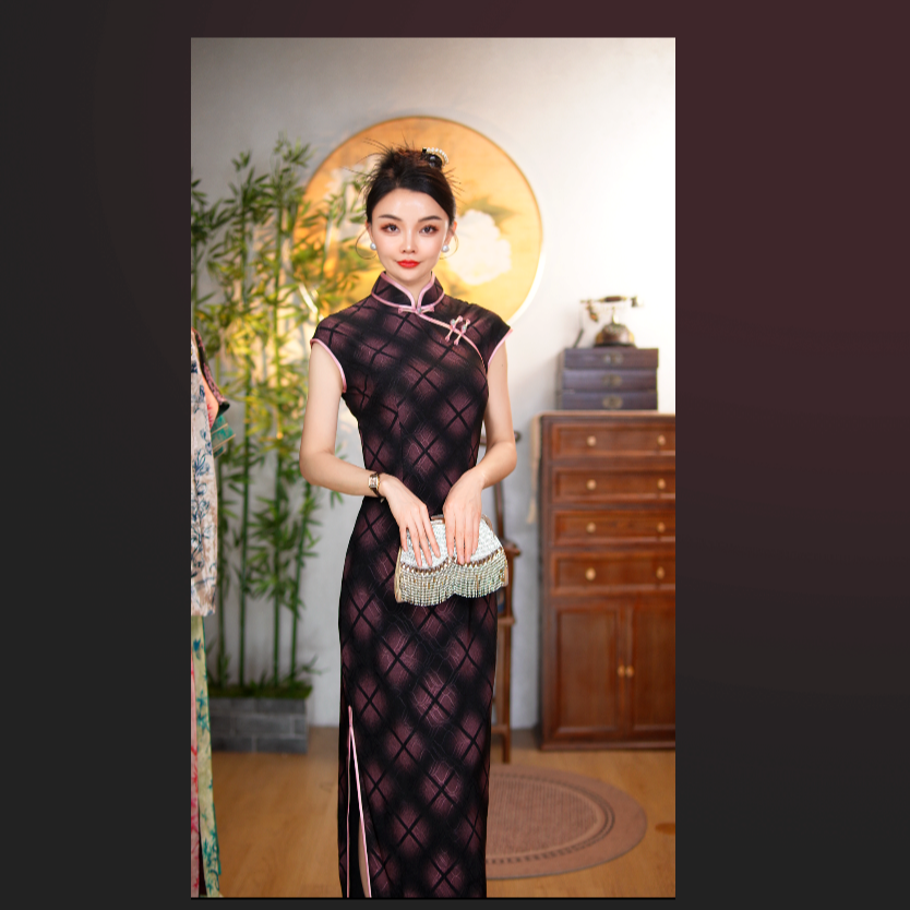 格子夏季双色旗袍中国风常规款长裙无袖立领修身