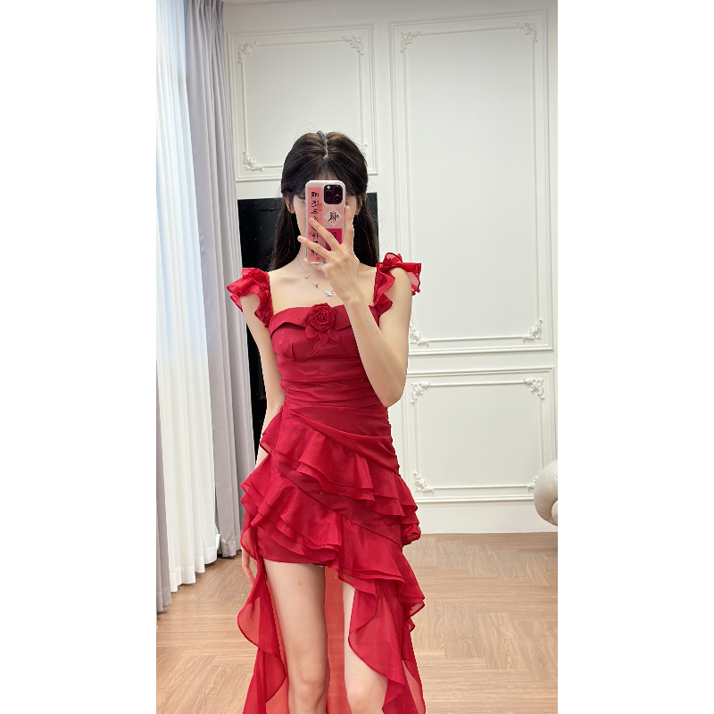 小小仟 法式玫瑰花无袖长拖尾氛围感吊带连衣裙女