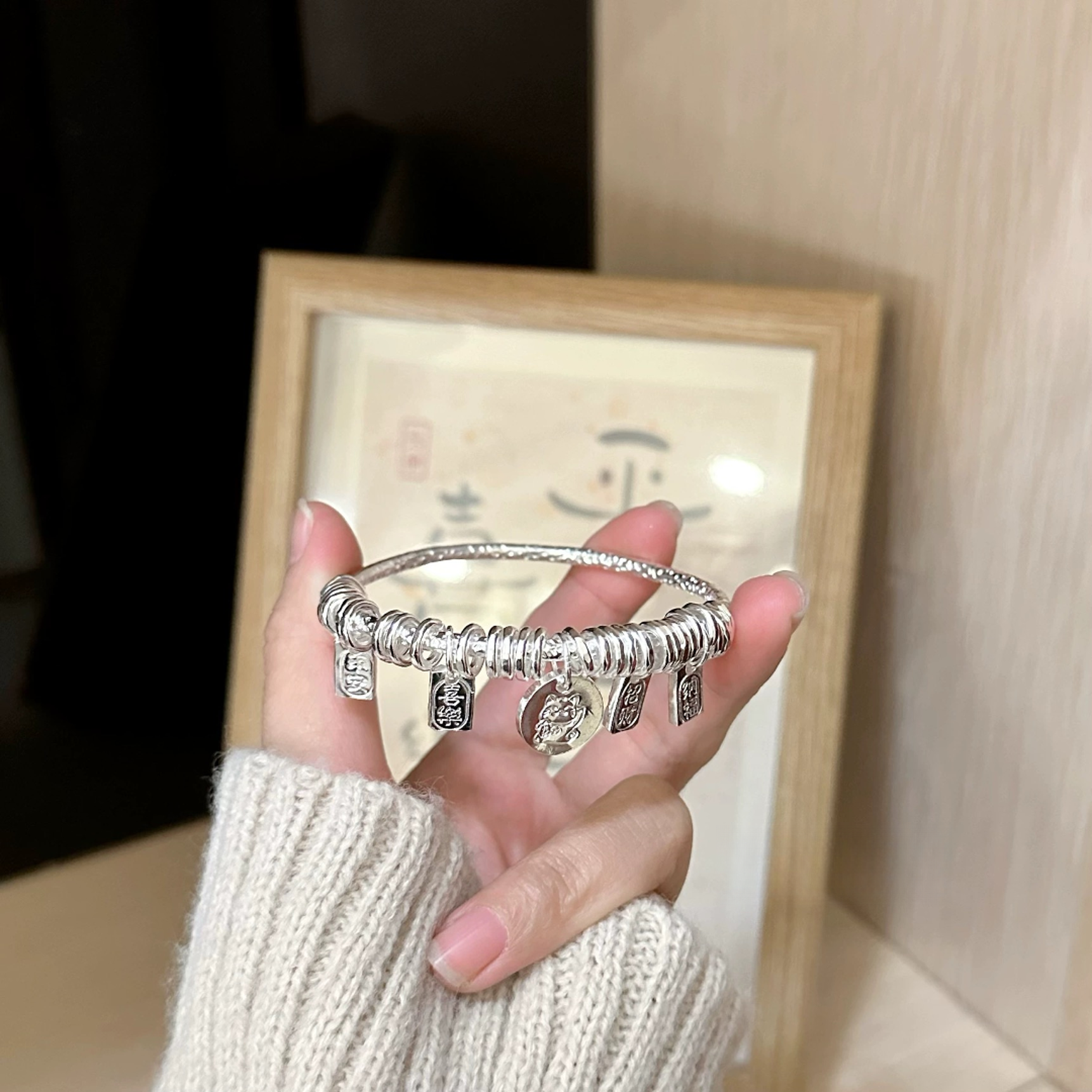 足银手镯 35号-招财猫大盘缠【闭口】手镯