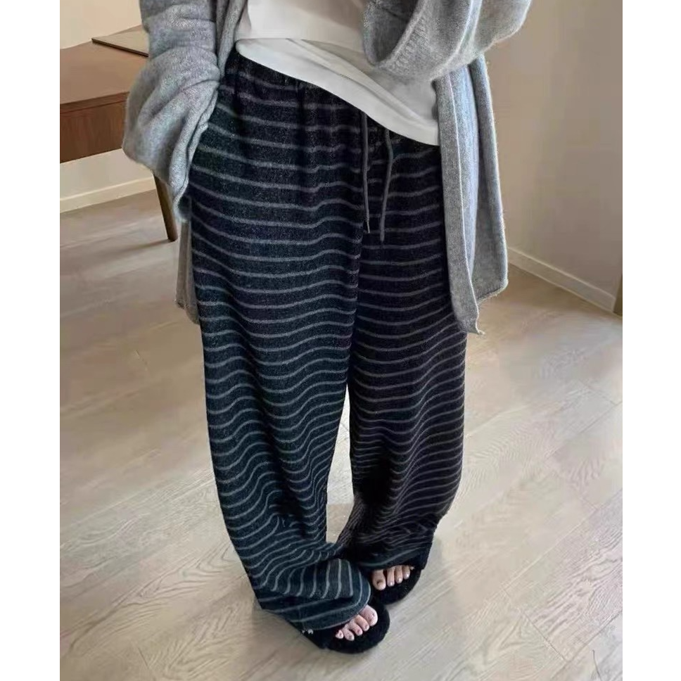 猫猫家加长女裤秋冬加绒加厚糯米条纹阔腿裤女拖地裤 JJL/25607