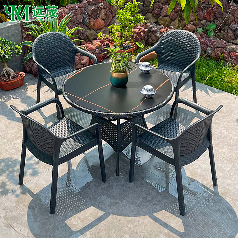 【远茂品牌】庭院花园岩板圆桌PE手工编藤户外家用外摆休闲一桌四椅