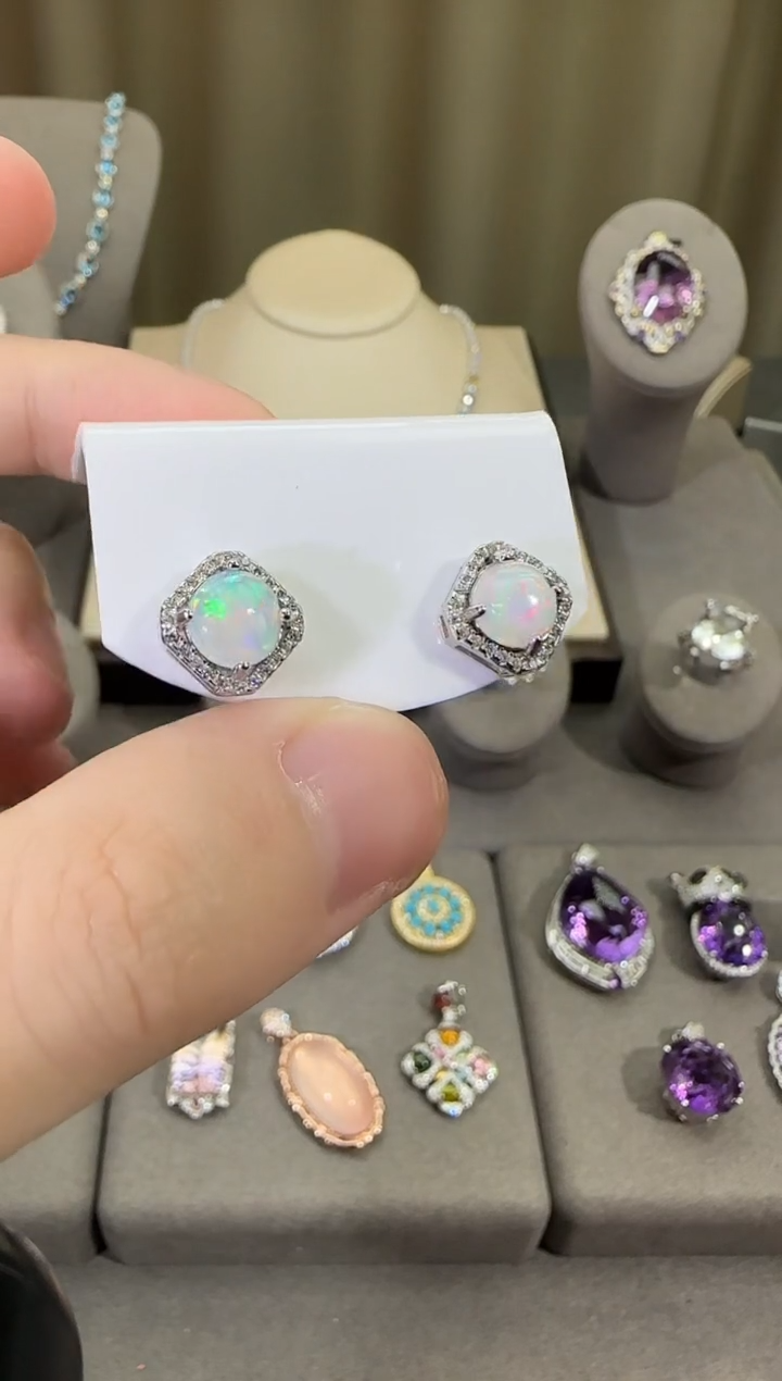 银S925镶嵌欧泊珠宝奇石10mm耳钉简约款