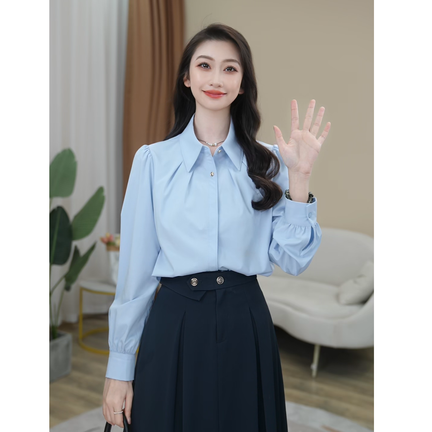 【曼贝】定制新款长袖衬衫女职业设计感气质百搭显瘦8593156【甜甜】