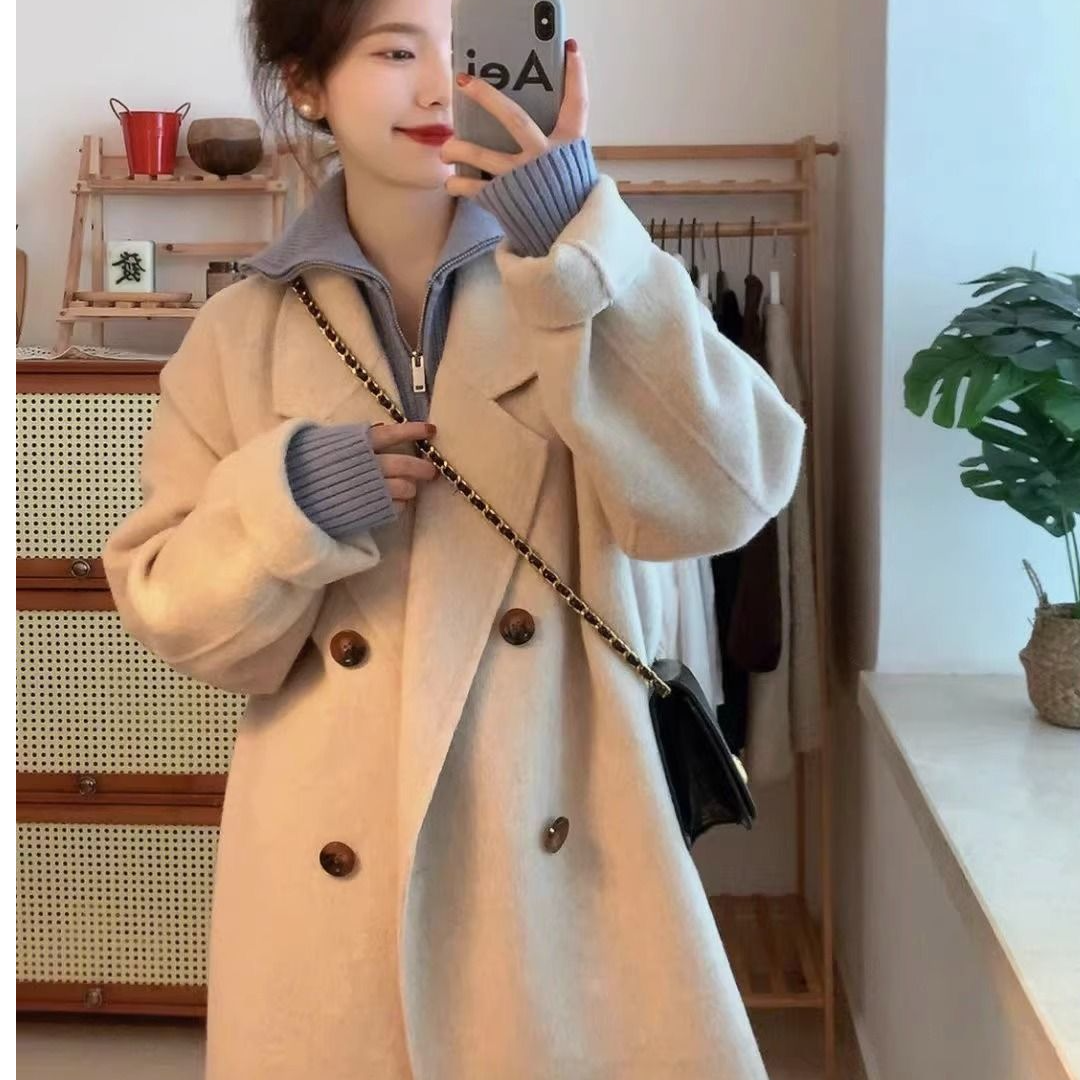 A99  XHM经典四粒扣双面羊毛大衣秋冬白搭韩版毛呢气质
