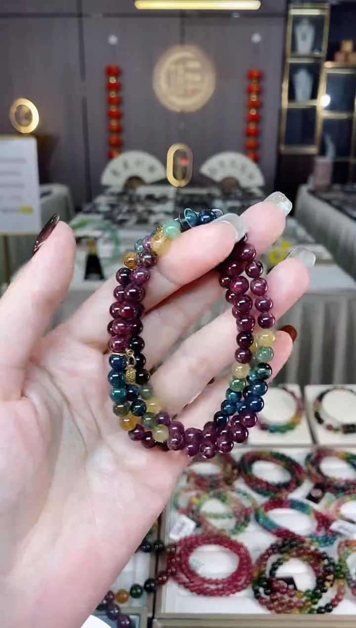 未镶嵌老矿碧玺色标彩虹三圈手串5mm+碧玺dan多样性发货一条