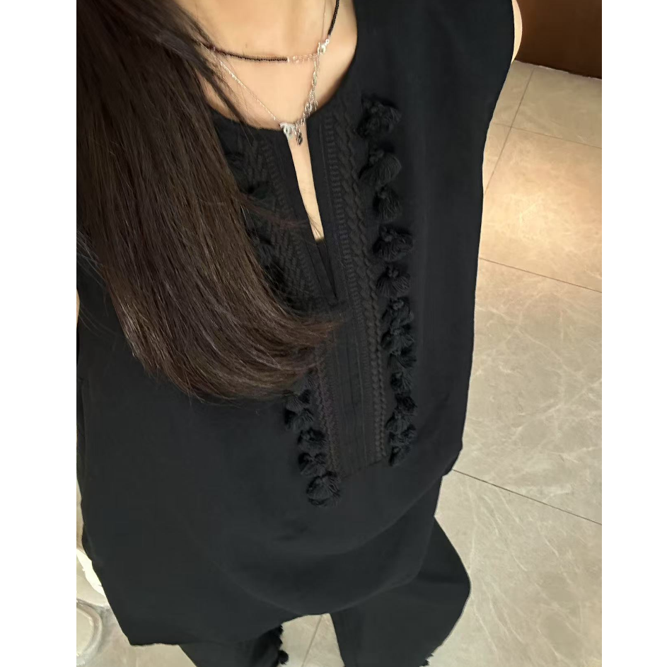 DEZI质感重工刺绣流苏显瘦无袖小衫加长裤女套装LS6022066