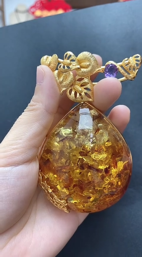【闪购商品】琥珀裸石银S925镶嵌花珀吊坠