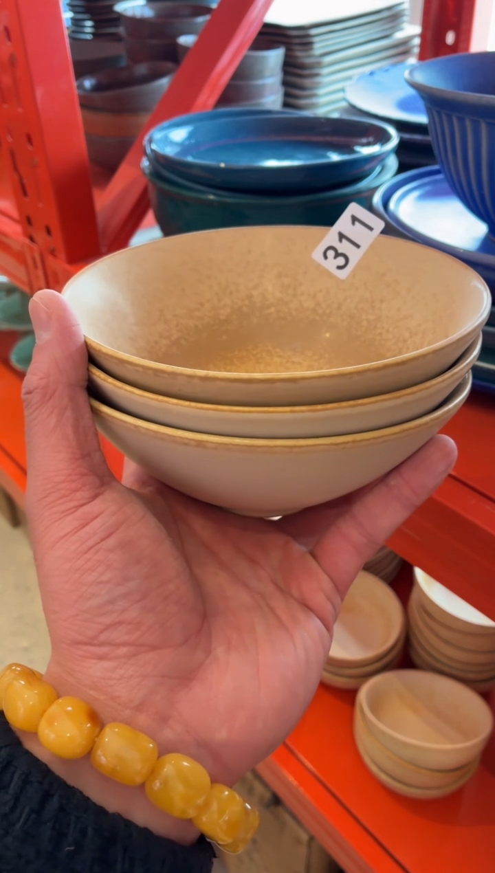 瓷片?*️311微瑕亚麻黄粥碗3个