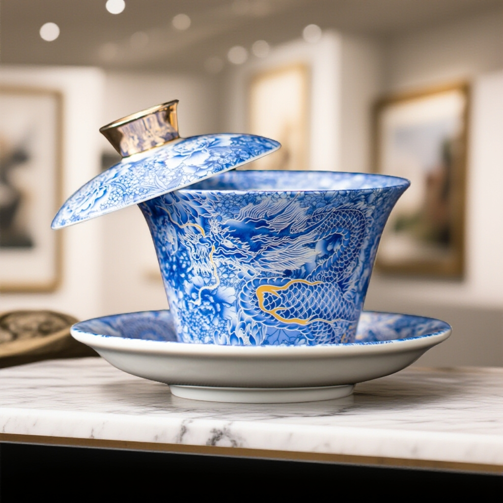 手绘祥龙可悬停三才盖碗家用办公防烫泡茶器