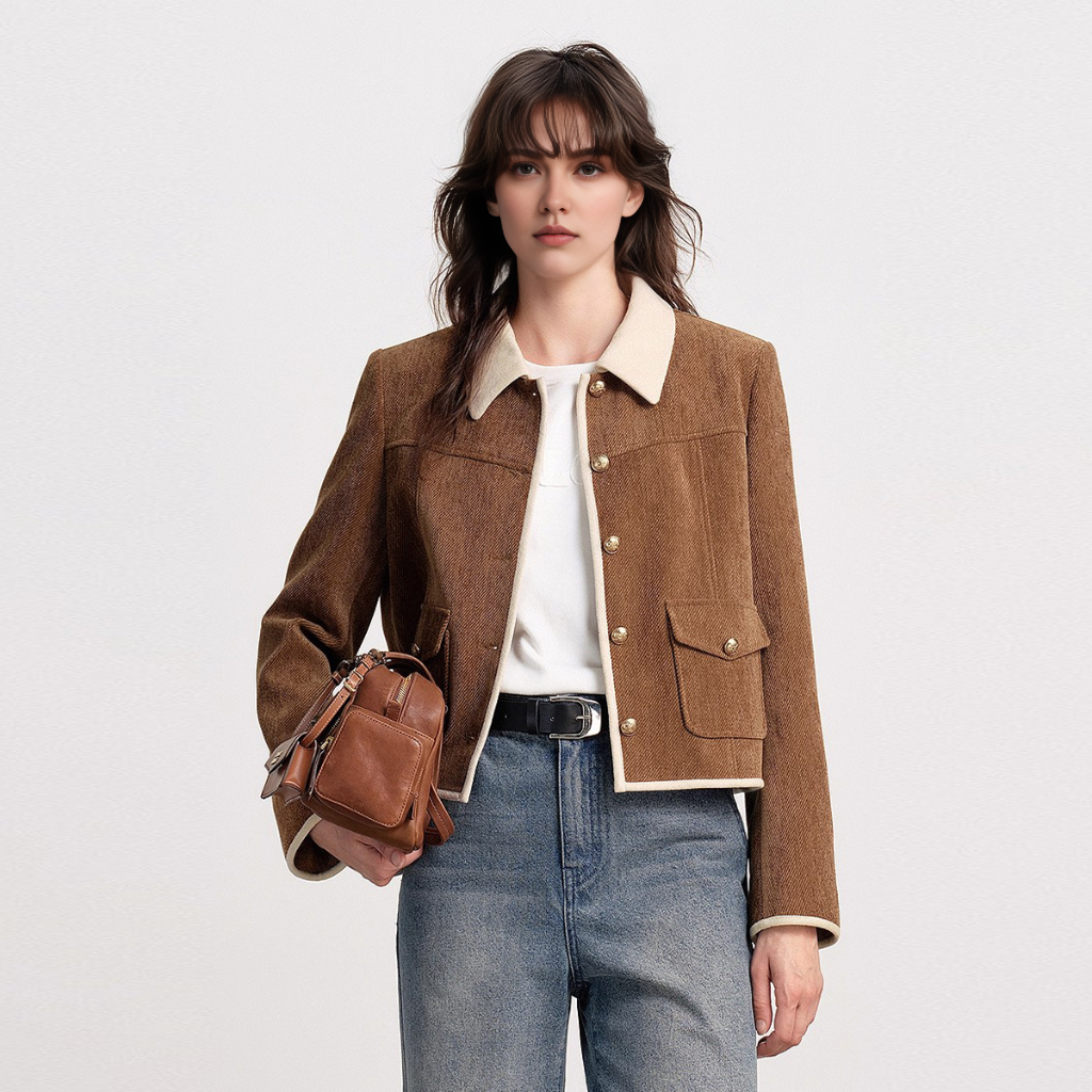 秋季爆款欧风气质麂皮保暖短外套简约复古丝绒翻领女装短款秋冬