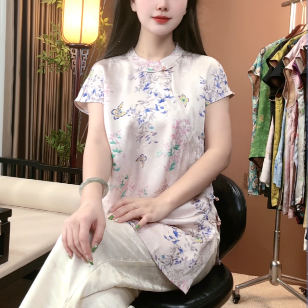 夏季新中式桑蚕丝短袖女时尚显瘦百搭中国风上衣女S107