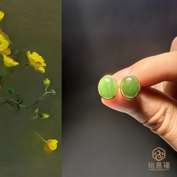 【宠粉福利】精品纯天然真品和田玉阳绿耳钉（无黑点）1217-11