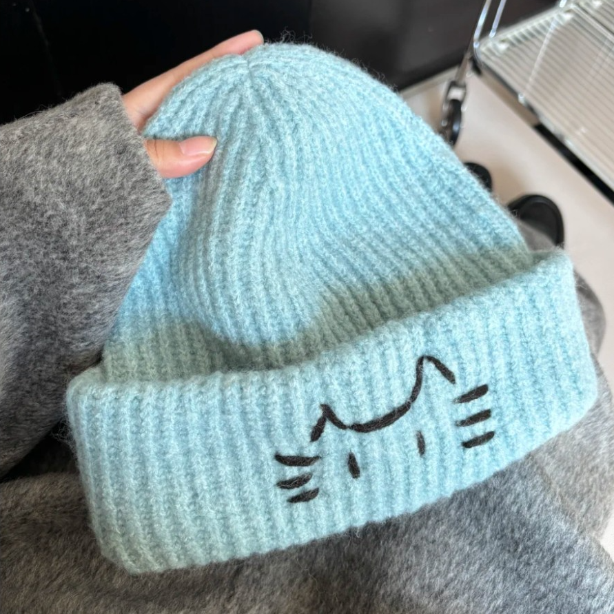 呆萌小猫~韩系刺绣针织帽女大头围2025秋冬款素颜百搭卷边毛线帽
