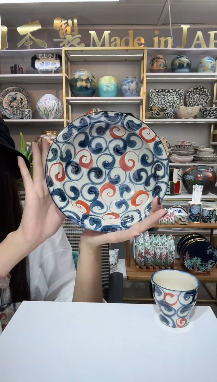 陶瓷宗山窑汤盘-赤绘旋涡19.5cm