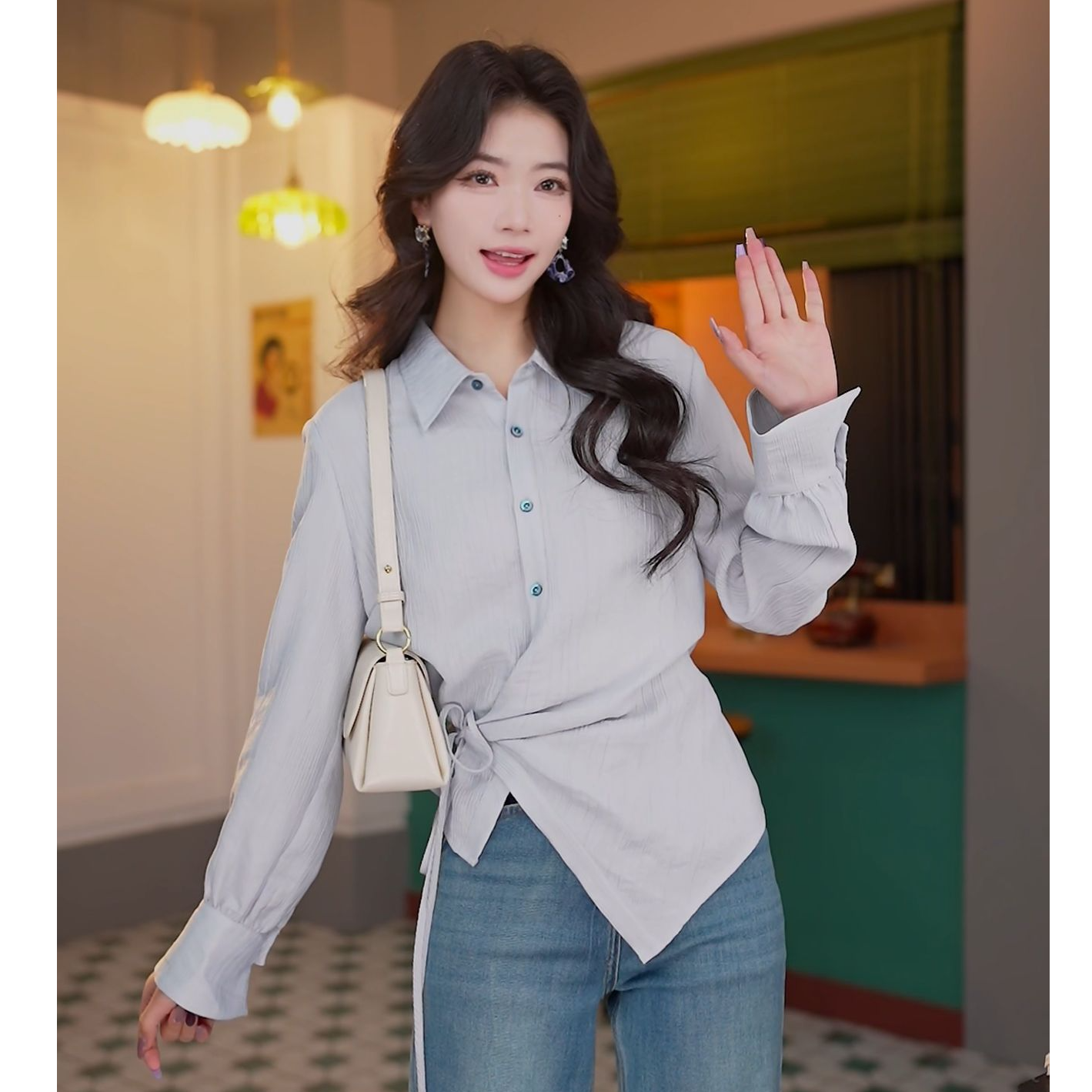 丁佳欣【浅语香】港风复古纯色衬衫女宽松显瘦上衣JS1113172