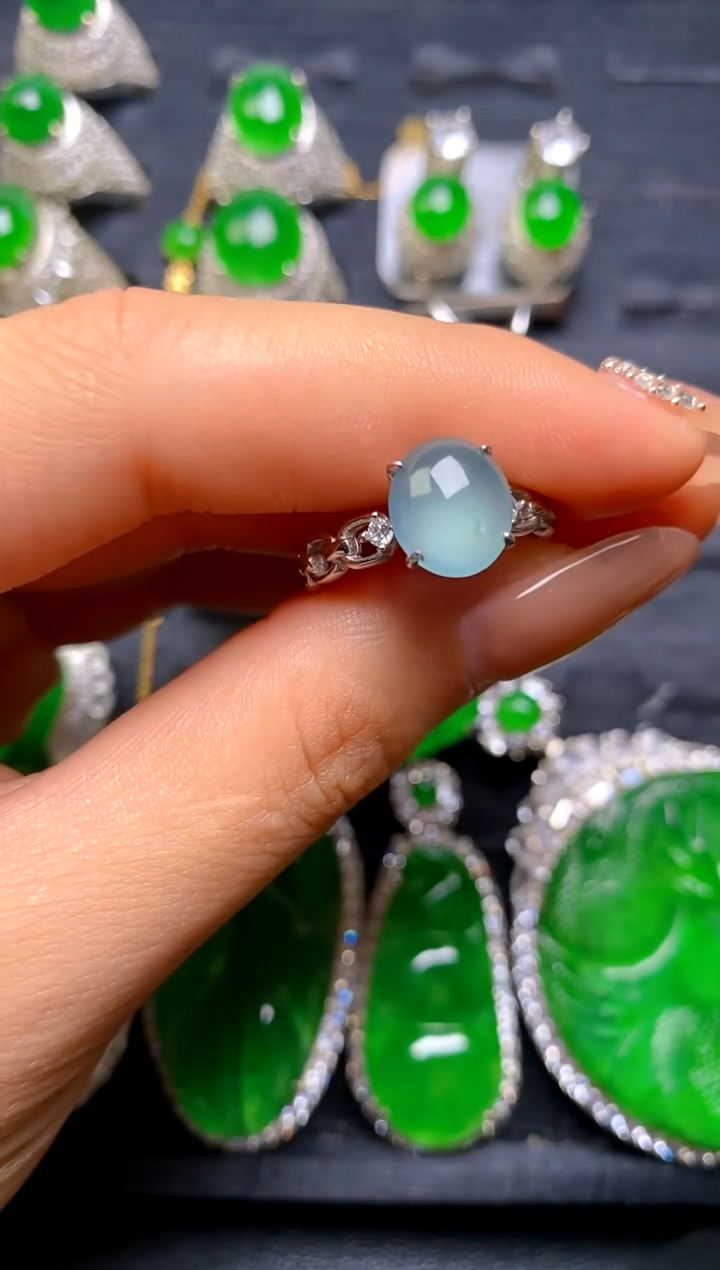 【闪购商品】翡翠戒指银S925镶嵌白冰女戒