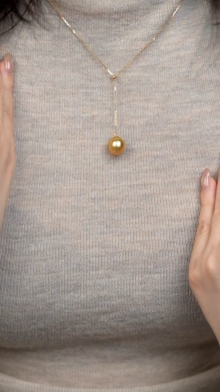 18K金镶嵌项链海水珍珠近圆茶金金珠水滴Y链