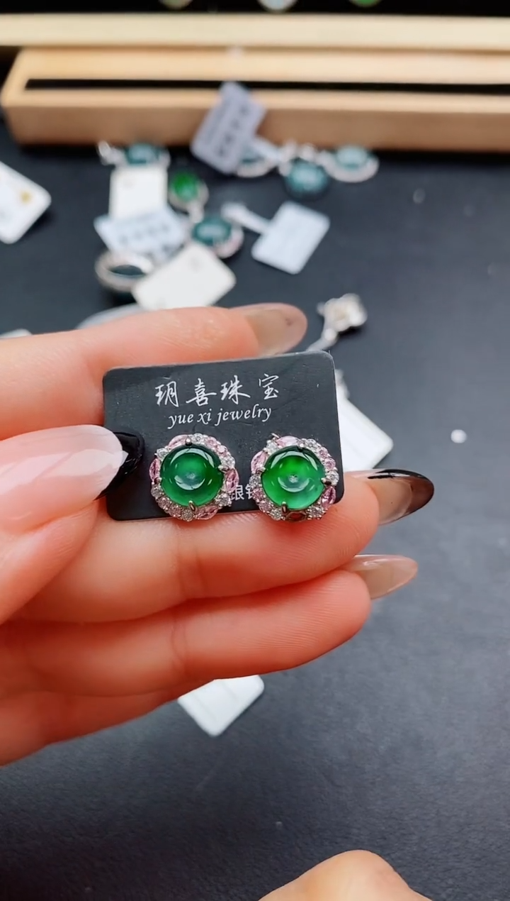 翡翠银S925镶嵌耳饰508050