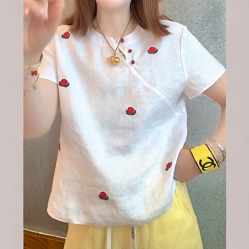 【红花朵亚麻T】2025刺绣花朵亚麻圆领短袖斜襟纽扣显瘦洋气T恤女潮