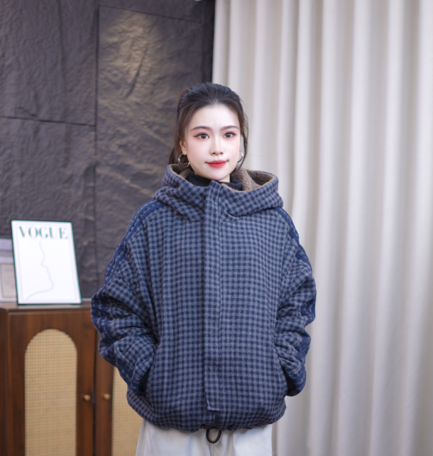 【拼条格子】冬季新款休闲宽松百搭侧拼条格子双面穿加绒加厚棉服女