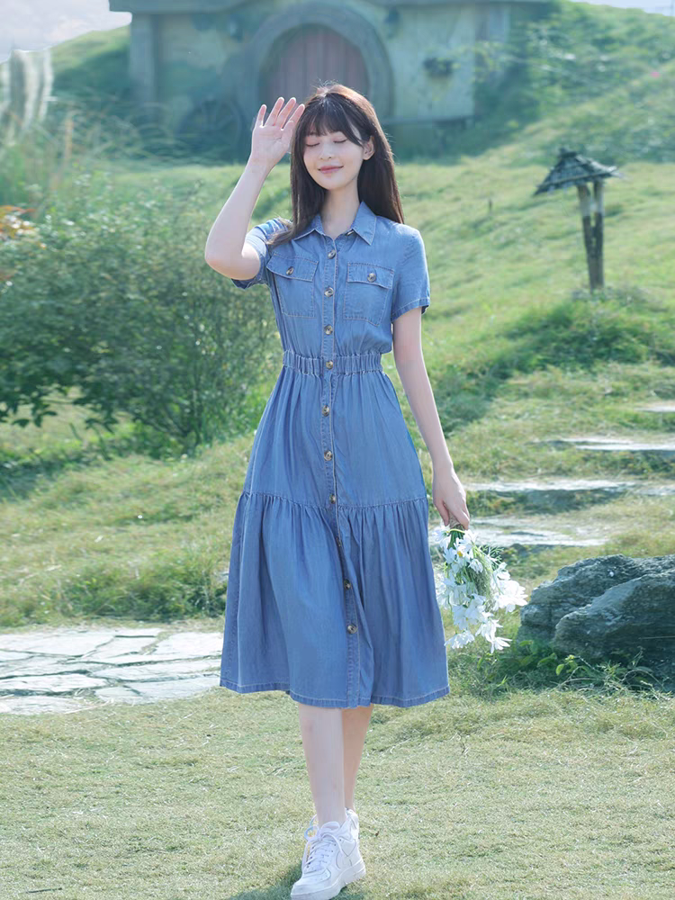 娟姐大码女装牛仔裙蓝色松紧腰通勤修身气质连衣裙