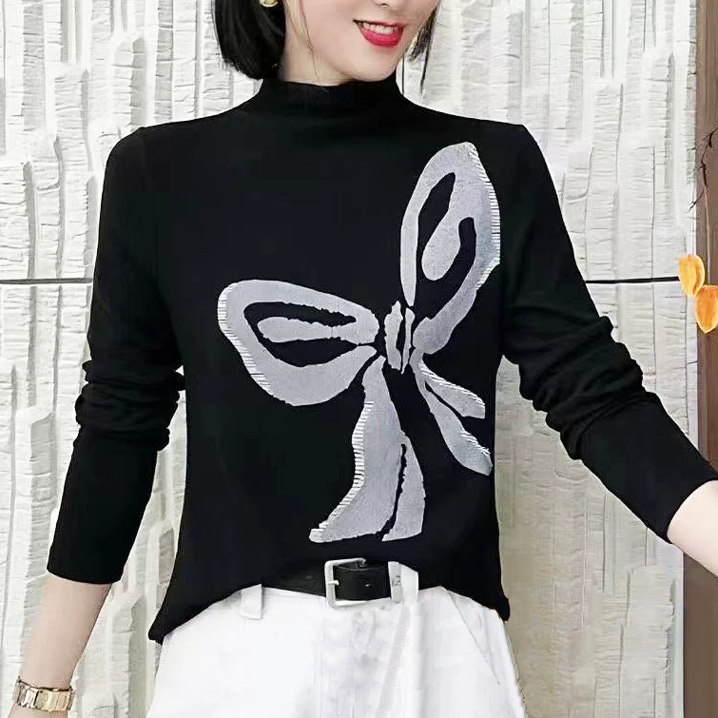 2517【衣长58】时尚印花打底衫女2025秋冬新款减龄百搭T恤【B4】