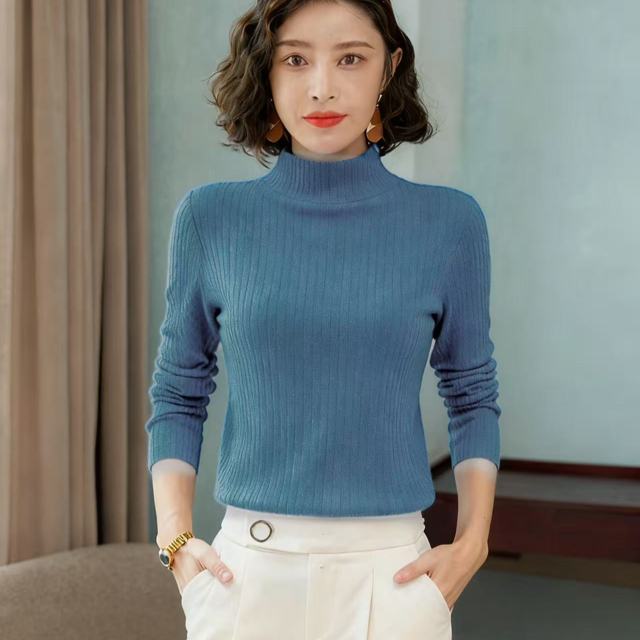 9158-（竖条纹提花）（回忆蓝）打底衫