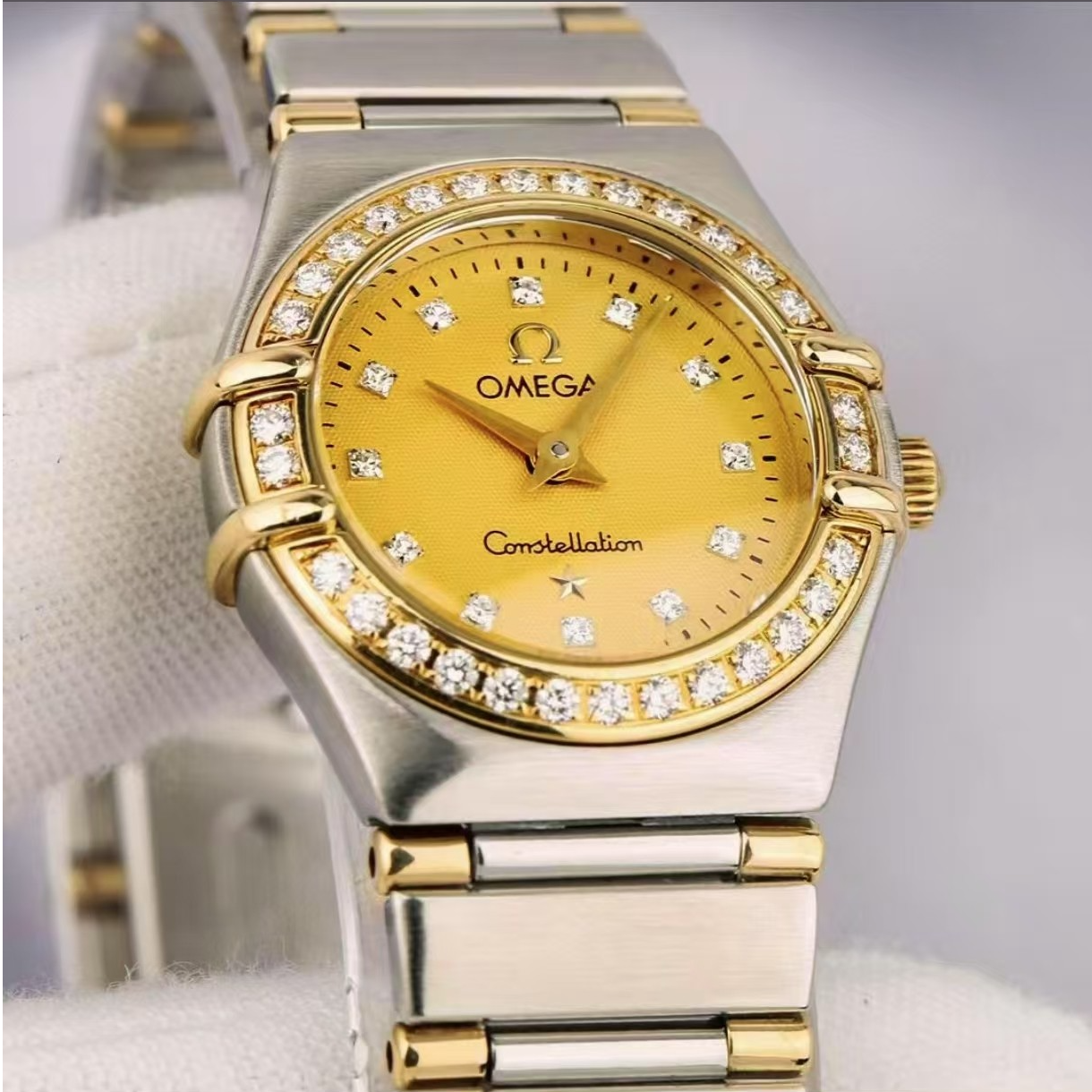 99新 Omega/欧米茄 星座原盘后钻间金钻刻贝母中古女表23盘LF