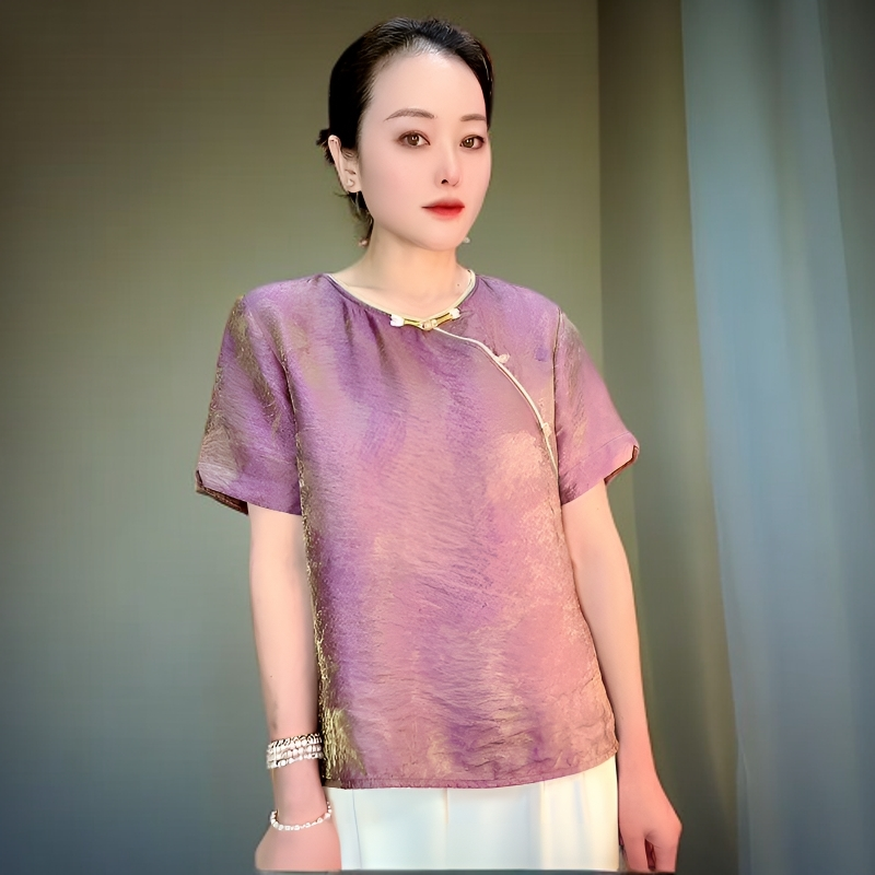 圆领斜襟提花薄款短袖上衣小衫气质新中式