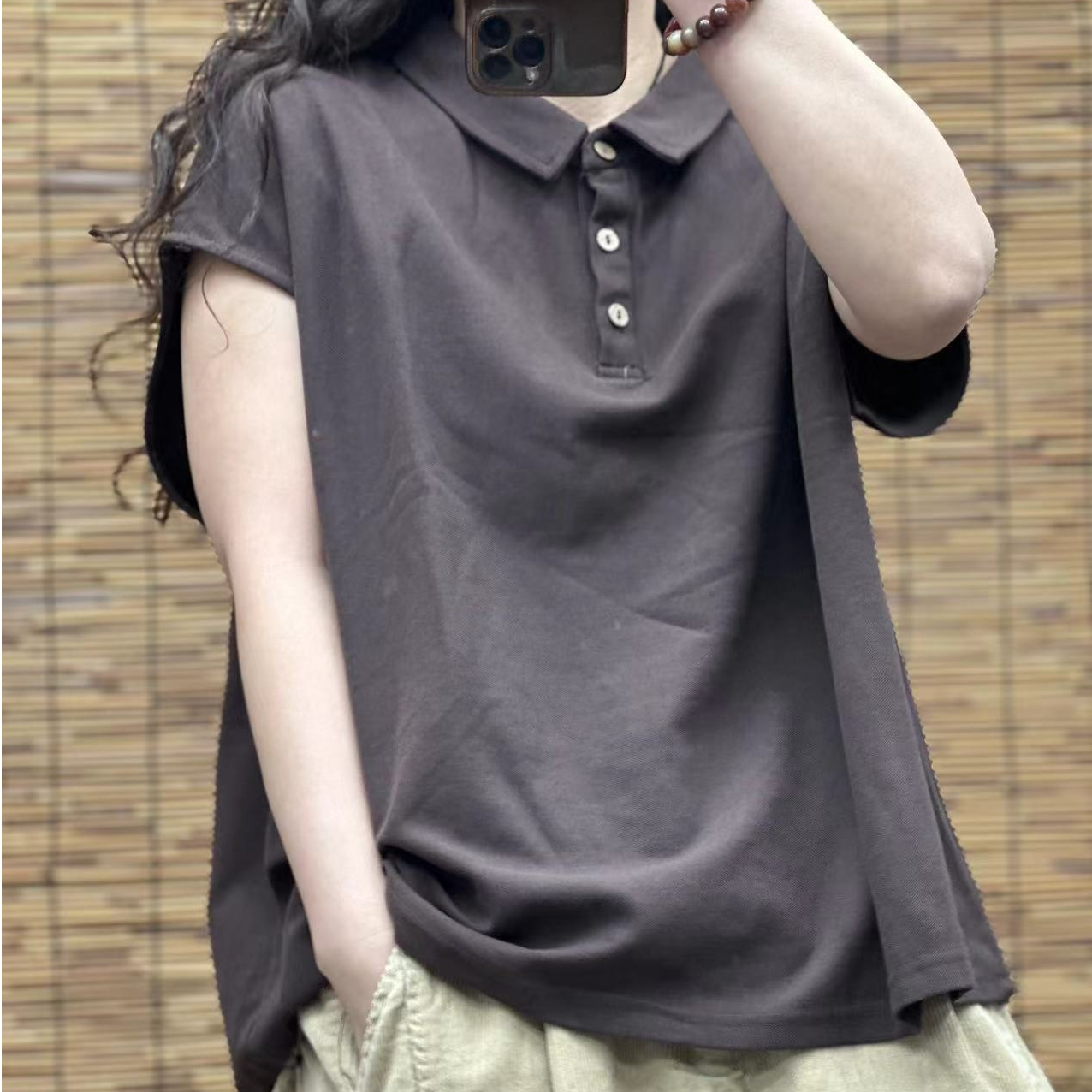 HY   813衬衣领半开净色T恤