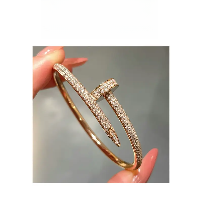 合金手镯 【镀k金】 女高级浅金满钻钉形满钻手镯个性ins冷淡风