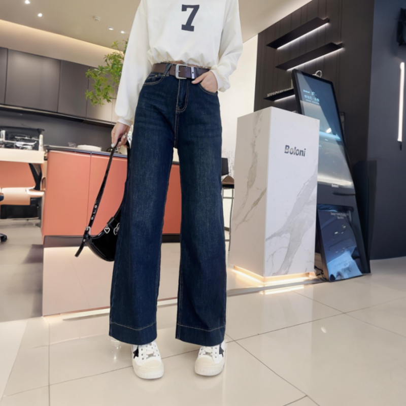 小个子牛仔裤女2025秋季高腰弹力直筒奶奶裤胖mm九分深蓝色阔腿裤
